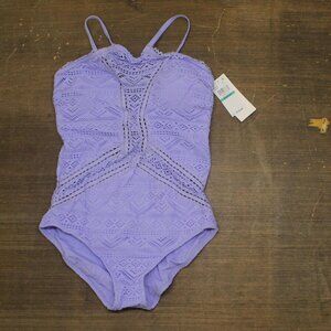 Becca ETC Womens Color Play Crocheted One Piece Swimsuit Bellflower Purple 0X